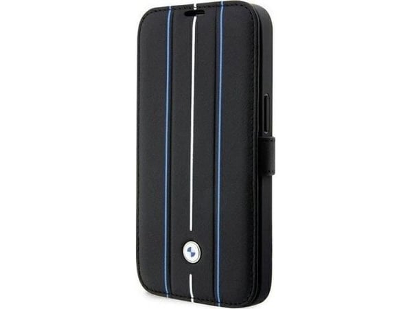 Veske BMW BMBKP14L22RVSK iPhone 14 Pro 6.1" svart/svart bokhylle Lærforsegling blå linjer