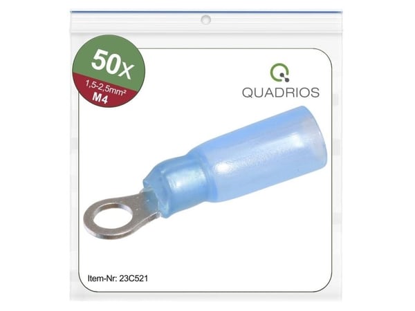 Quadrios 23C521 Rengasliittimet Poikkileikkaus (max.)=2,5 mm² Reiän halkaisija =4,3 mm Osittain eristetty Sininen 50 kpl 50 kpl