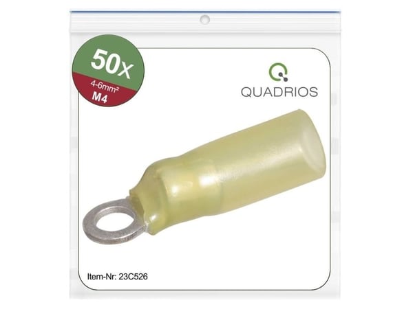 Quadrios 23C526 Rengasliittimet Poikkileikkaus (max.)=6 mm² Reiän halkaisija =4,3 mm Osittain eristetty Keltainen 50 kpl