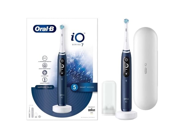 Oral-B iO iO7, Voksen, Roterende Tannbørste, Daglig stell, Grundig rens, Gum omsorg, Sensitiv / Myk, Whitening, Blå, 2 min, Saphire Blue