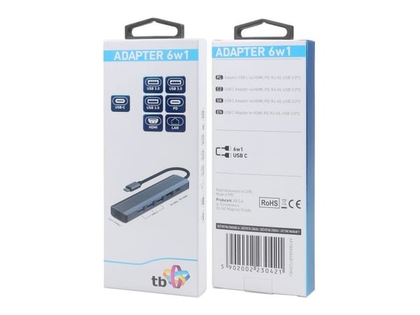 TB-adapterhub usb c 6w1 - hdmi, usbx3, pd, rj-45 TB-adapterhub usb c 6w1 - hdmi, usbx3, pd, rj-45