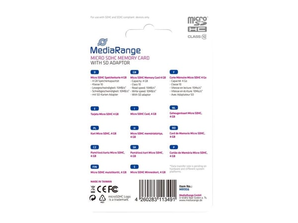 MediaRange - Flashminnekort (microSDHC til SD-adapter inkludert) - 4 GB - Class 10 - microSDHC - svart