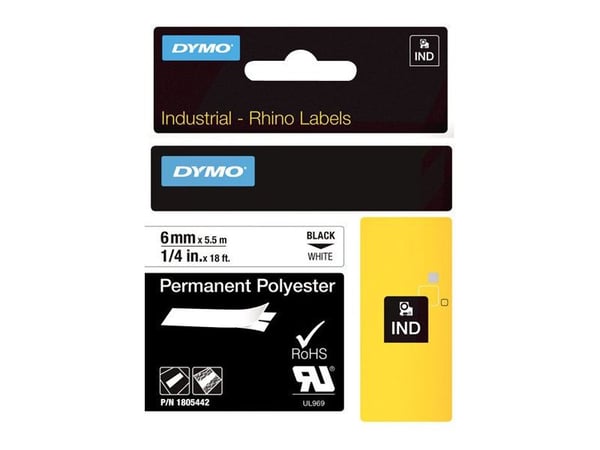 DYMO Rhino Permanent Polyester - Polyester - permanet adhesiv - svart på hvitt - Rull (0,6 cm x 5,5 m) 1 kassett(er) tape - for Rhino 6000, 6000 Ha...
