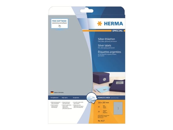 HERMA 4117, Hopea, Itse kiinnittyvä tulostintarra, A4, Polyesteri, Laser, Kiinteä