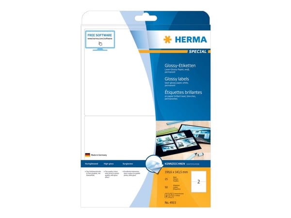 HERMA Special - Papir - høyblank - permanent selv-adhesiv - hvit - 199.6 x 143.5 mm 50 etikett(er) (25 ark x 2 merkelapper