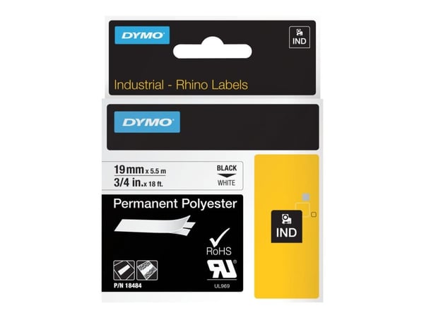 DYMO Rhino - Polyester - svart på hvitt - Roll (1.9 cm x 5.5 m) 1 kassett(er) permanent tape - for Rhino 4200, 6000, 6000 Hard Case Kit