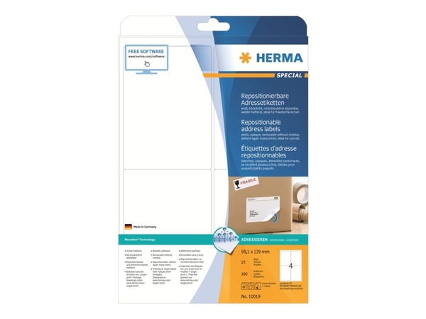 HERMA Special - Papir - matt - flyttbart selv-adhesiv - hvit - 99.1 x 139 mm 100 etikett(er) (25 ark x 4 adresselapper