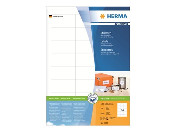 HERMA Premium - Papir - matt - permanent selv-adhesiv - hvit - 64.6 x 33.8 mm 4800 etikett(er) (200 ark x 24) laminerte etiketter