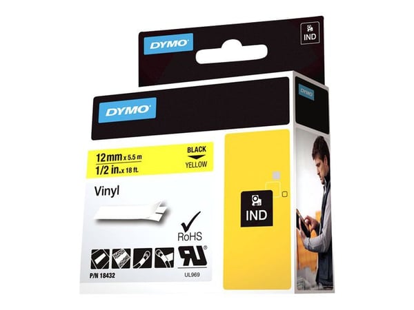 DYMO RhinoPRO - Vinyl - permanent klæbemiddel - gul - Rulle (1,2 cm x 5,5 m) 1 kassette(r) tape - for DYMO ILP219; Rhino 4200, 6000, 6000 Hard Case...