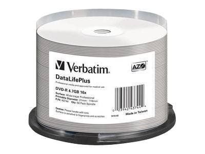 Verbatim DataLifePlus Professional - 50 x DVD-R - 4.7 GB 16x - hvit - blekkstråleskrivbar overflate, bred skrivbar overflate - spindel Verbatim DataLifePlus Professional - 50 x DVD-R - 4.7 GB 16x - hvit - blekkstråleskrivbar overflate, bred skrivbar overflate - spindel