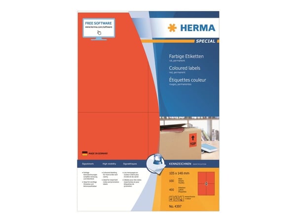 HERMA Special - Papir - matt - permanent selv-adhesiv - rød - A6 (105 x 148 mm) 400 etikett(er) (100 ark x 4) merkelapper
