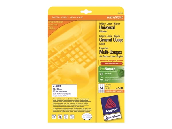 Avery - Hvit - 70 x 36 mm 600 etikett(er) (25 ark x 24) flerbruks merkelapper