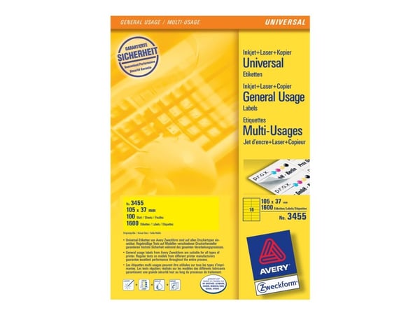 Avery - Gul - 105 x 37 mm 1600 etikett(er) (100 ark x 16) filmappeetiketter