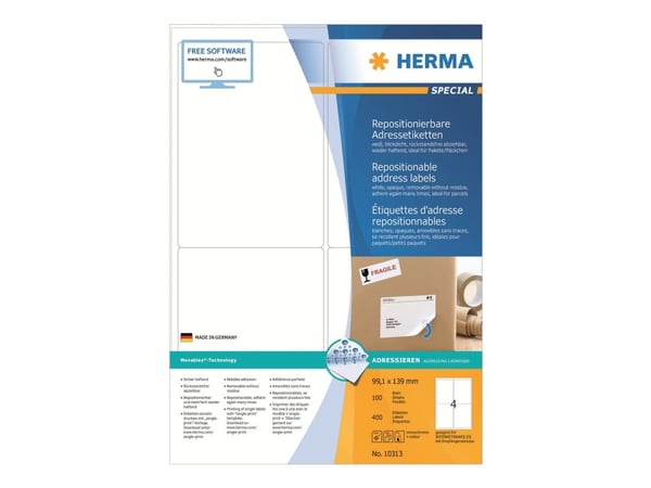 HERMA Special - Papir - matt - flyttbart selv-adhesiv - hvit - 99.1 x 139 mm 400 etikett(er) (100 ark x 4 adresselapper