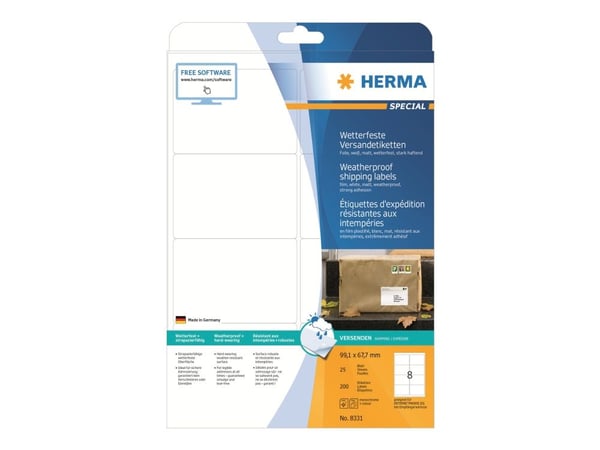 HERMA 8331, Valkoinen, Polyesteri, Laser, Matta, Kiinteä, Pyöristetty suorakulmio