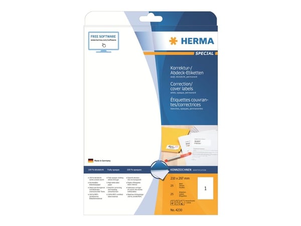 HERMA Special - Hvit - A4 (210 x 297 mm) 25 etikett(er) permanente selvklebende matte opake rettelses/omslags-papiretiketter