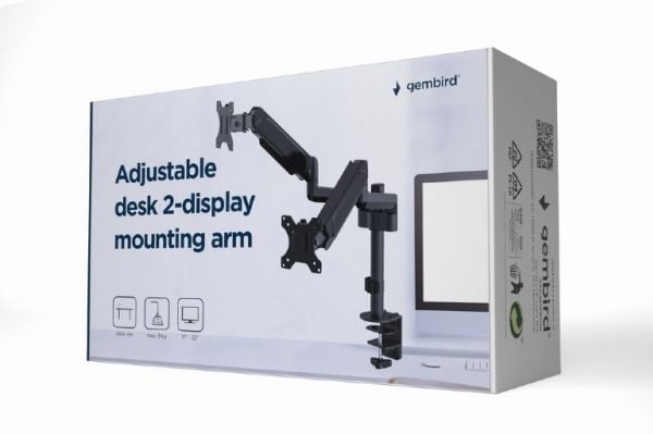 Gembird MA-DA2P-01 - Monteringssett (2 leddarmer, 2 VESA-monteringsbøyler, klemmemonteringsbase, maljemonteringsfot) - for 2 LCD-skjermer - stål, p...