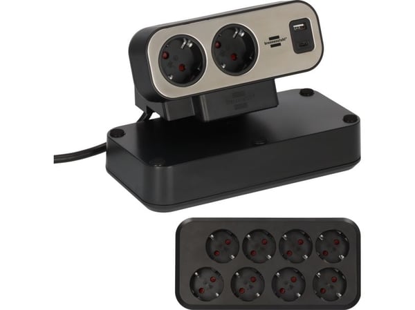 Brennenstuhl estilo Duplex pöytäpistorasia 2m, 1x USB C, 1x USB A, 10x turvapistorasia, hopea/musta