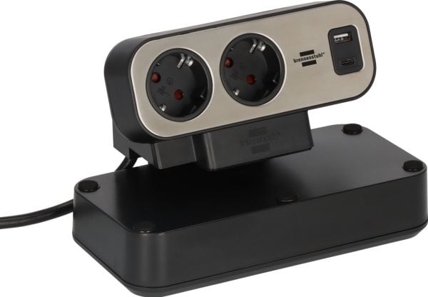 Brennenstuhl estilo Duplex pöytäpistorasia 2m, 1x USB C, 1x USB A, 10x turvapistorasia, hopea/musta
