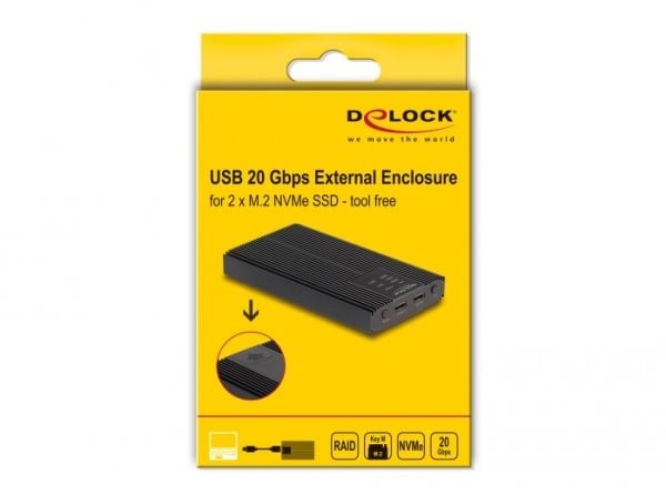 Delock - Förvaringslåda - M.2 - M.2 NVMe Card / PCIe (NVMe) - RAID JBOD, RAID 0, 1 - USB 3.2 (Gen 2x2) - svart