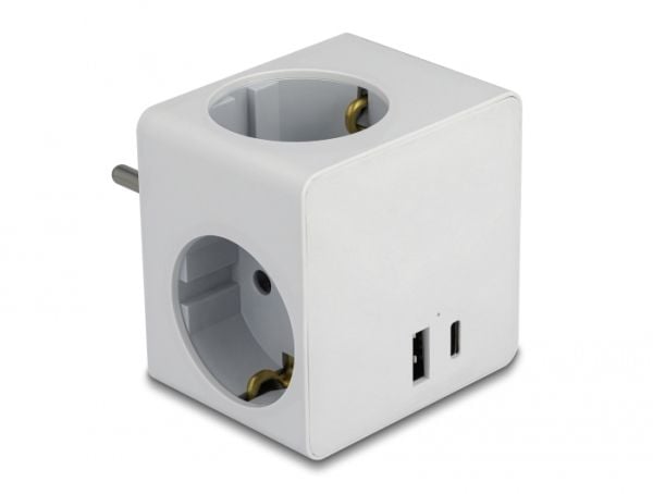 Delock pistorasiakuutio 3-suuntainen lapsilukolla ja USB PD 3.0 -laturilla 20 W valkoinen