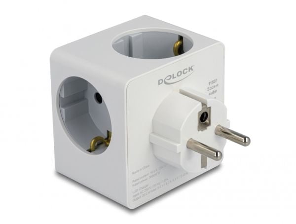 Delock pistorasiakuutio 3-suuntainen lapsilukolla ja USB PD 3.0 -laturilla 20 W valkoinen