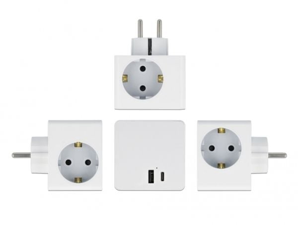 Delock pistorasiakuutio 3-suuntainen lapsilukolla ja USB PD 3.0 -laturilla 20 W valkoinen