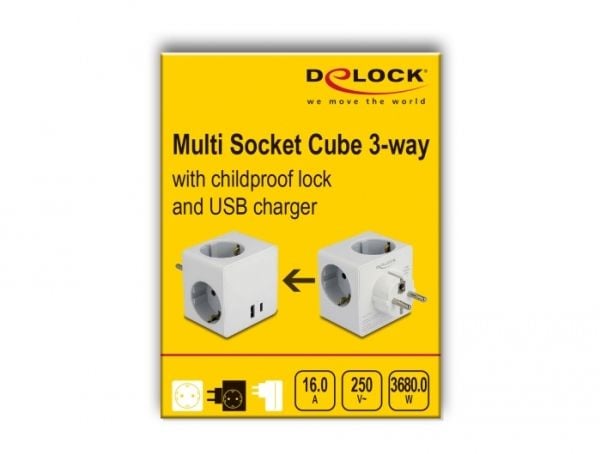 Delock pistorasiakuutio 3-suuntainen lapsilukolla ja USB PD 3.0 -laturilla 20 W valkoinen