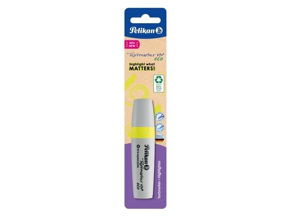 Pelikan Textmarker 490 eco, 1 stykker, Gult, Meisel tupp, Resirkulert plast, Fet/fin/middels, 1 mm