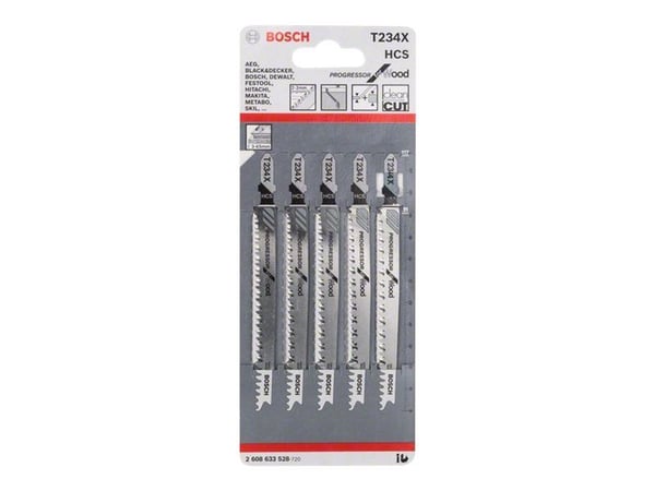 Bosch Progressor for Wood T 234 X - Stikksagblad - for bløtt tre, kartong, fiberplate, kryssfinér - 5 deler - T-skaft - lengde: 117 mm