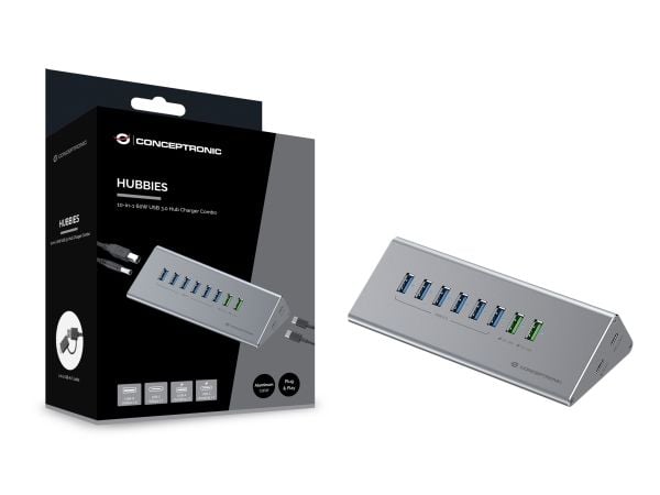 Conceptronic HUBBIES18G, USB 3.2 Gen 1 (3.1 Gen 1) Type-B, USB 3.2 Gen 1 (3.1 Gen 1) Type-A, USB 3.2 Gen 1 (3.1 Gen 1) Type-C, 5000 Mbit/s, Grå, Al...