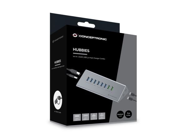 Conceptronic HUBBIES18G, USB 3.2 Gen 1 (3.1 Gen 1) Type-B, USB 3.2 Gen 1 (3.1 Gen 1) Type-A, USB 3.2 Gen 1 (3.1 Gen 1) Type-C, 5000 Mbit/s, Grå, Al...