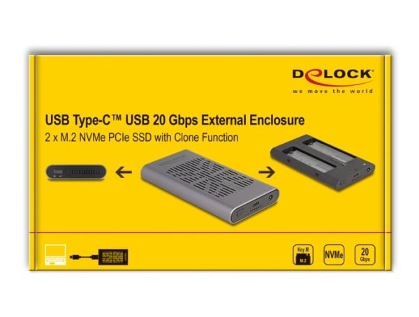 Delock - Drevkabinett - 20 Gbps, clone function - M.2 - M.2 NVMe Card - USB-C - grå