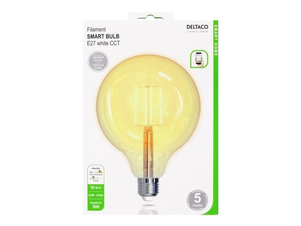 Deltaco SMART H LED filament lamp E27 WiFI 2.4GHz 5.5W 470lm Dim, Älylamppu, Wi-Fi, Valkoinen, 802.11b, 802.11g, Wi-Fi 4 (802.11n), LED, E27