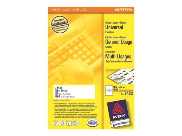 Avery Universal Labels, White 105x35mm, 105 x 35, 1600 kpl, 100 arkkia