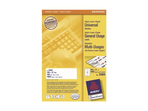 Avery Universal Labels, White 105x37mm, 105 x 37, 1600 kpl, 100 arkkia