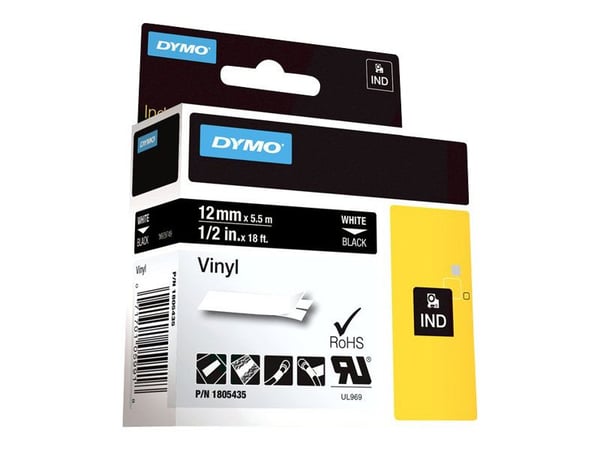 DYMO Rhino Coloured Vinyl - Vinyl - permanet adhesiv - hvitt på svart - Rull (1,2 cm x 5,5 m) 1 kassett(er) tape - for DYMO ILP219; Rhino 4200, 500...
