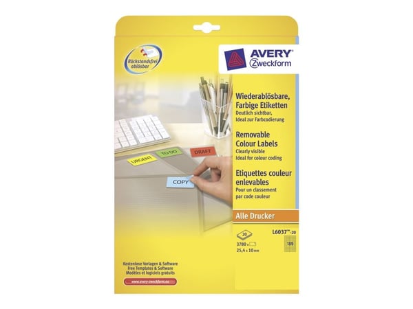 Avery L6037 - Gul - 10 x 25.4 mm 3780 stk (20 ark x 189) merkelapper