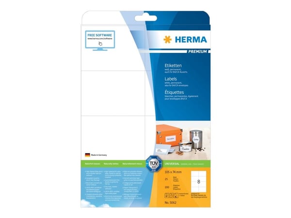 HERMA Premium - Papir - matt - permanent selv-adhesiv - hvit - 105 x 74 mm 200 etikett(er) (25 ark x 8) laminerte etiketter
