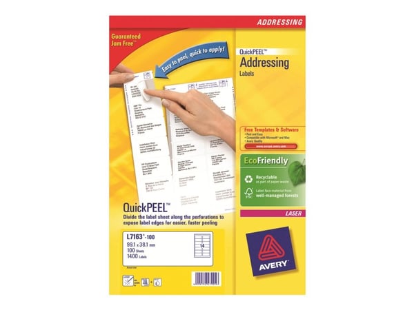 Avery QuickPEEL, Valkoinen, A4, 99,1 mm, 38,1 mm, 1400 kpl, 100 arkkia