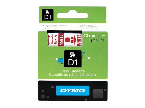 DYMO D1 - Selv-adhesiv - rødt på hvitt - Rull (1,2 cm x 7 m) 1 kassett(er) merketape - for LabelMANAGER 100, 160, 210, 220, 260, 280, 300, 360, 420...