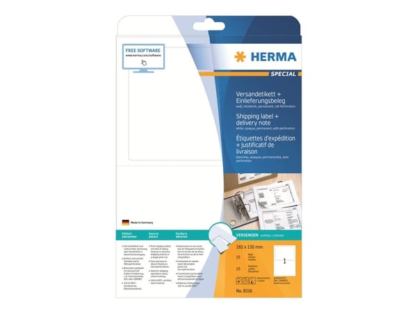 HERMA Special - Hvit - 130 x 182 mm 25 stk (25 ark ugjennomsiktige fraktetiketter
