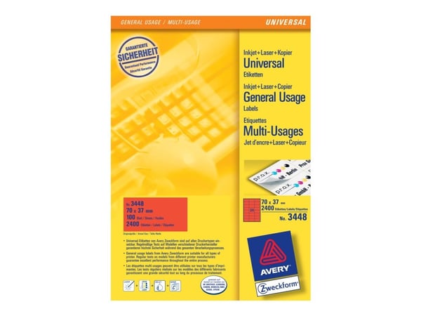 Avery 3448, Punainen, Itse kiinnittyvä tulostintarra, A4, Paperi, Laser/Inkjet, Kiinteä