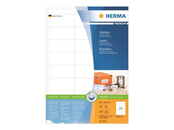 HERMA Premium - Papir - matt - permanent selv-adhesiv - hvit - 66 x 33.8 mm 4800 etikett(er) (200 ark x 24) laminerte etiketter