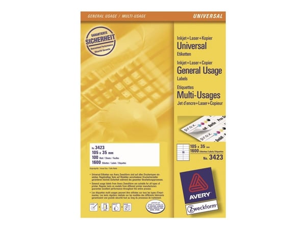 Avery Universal Labels, White 105x35mm, 105 x 35, 1600 kpl, 100 arkkia
