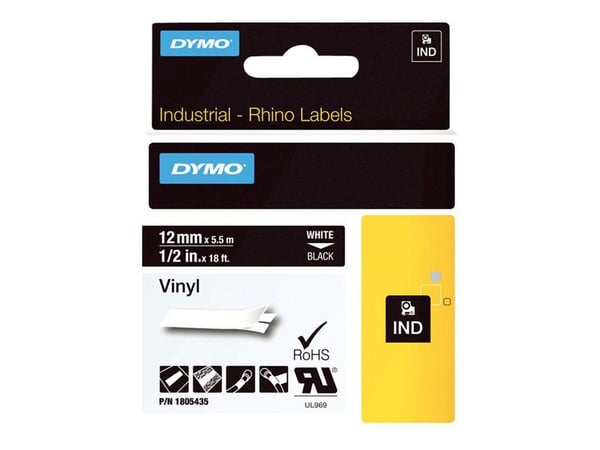 DYMO Rhino Coloured Vinyl - Vinyl - permanet adhesiv - hvitt på svart - Rull (1,2 cm x 5,5 m) 1 kassett(er) tape - for DYMO ILP219; Rhino 4200, 500...