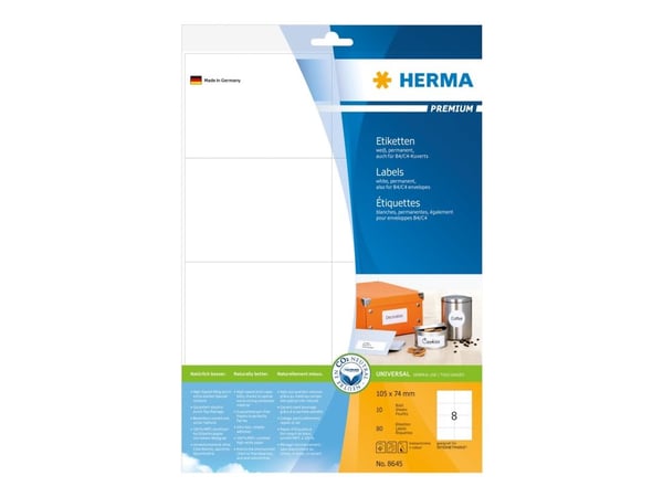 HERMA 8645, Valkoinen, Suorakulmio, Kiinteä, A4, Paperi, Matta