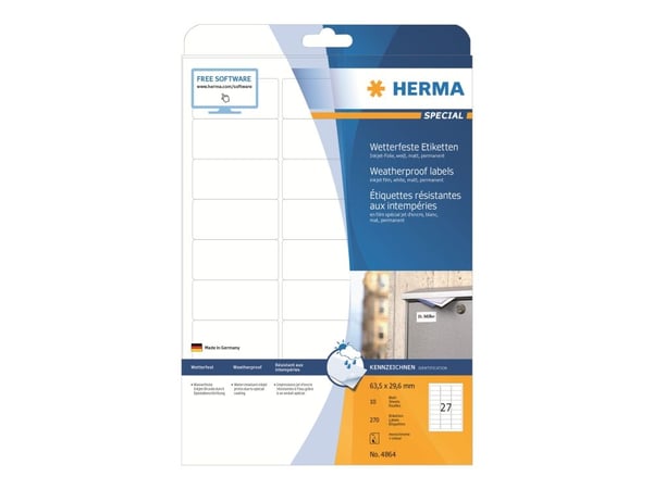 HERMA Special - Hvit - 63,5 x 29,6 mm 270 etikett(er) (10 ark x 27) permanente, selvklebende, værbestandige, matte, ugjennomsiktige folieetiketter