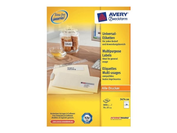 Avery Zweckform Universal - Hvit - 37 x 70 mm 4800 etikett(er) (200 ark x 24) etiketter