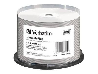 Verbatim DataLifePlus - 50 x CD-R - 700 MB 52x - hvit - blekkstråleskrivbar overflate, bred skrivbar overflate - spindel